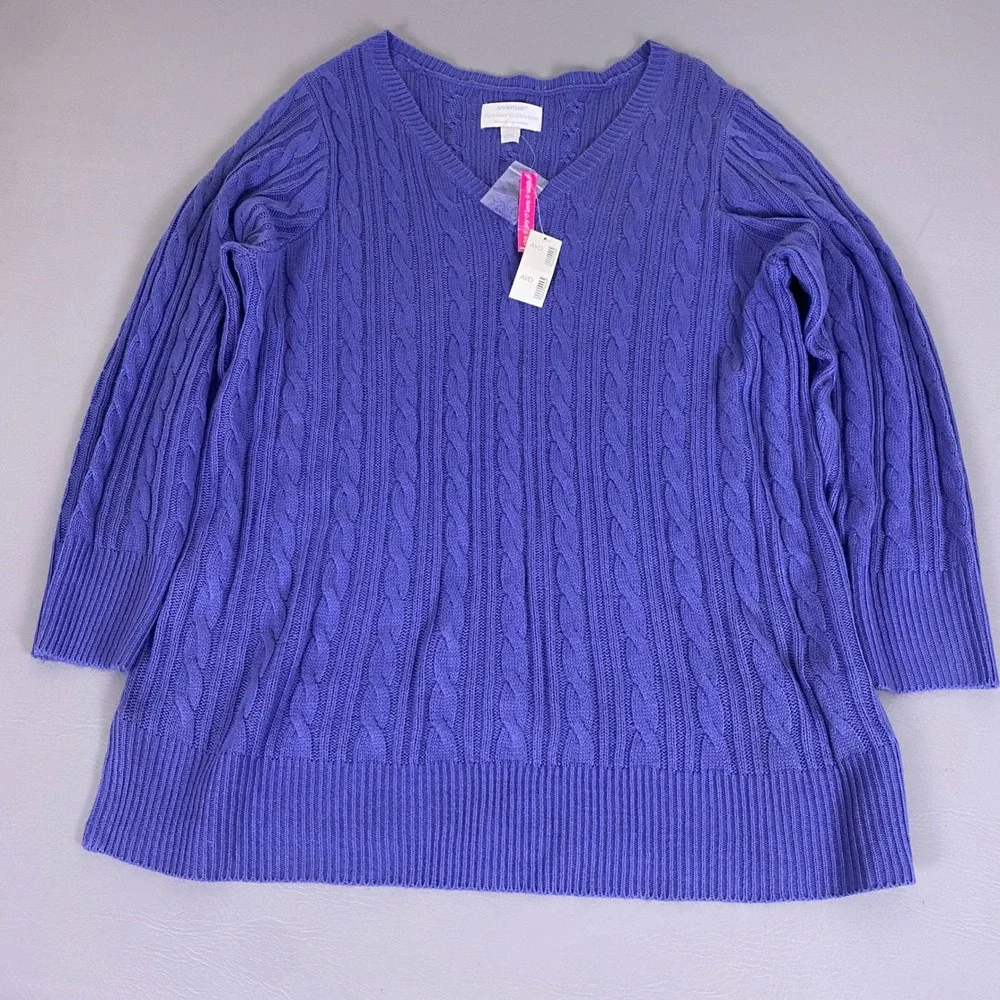 Avenue Sweater Women's‎ Plus Size 26/28 Purple Cable Knit V-Neck New w/ Tags
